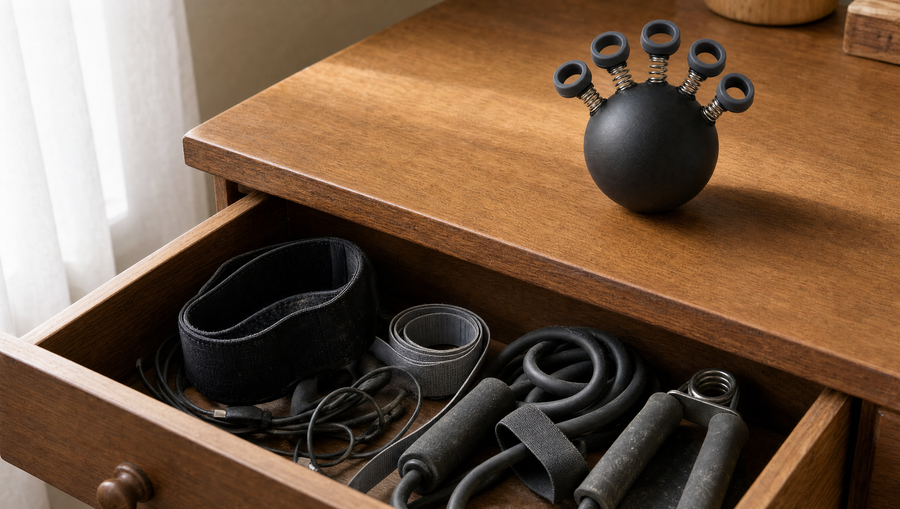 Un tiroir rempli d'accessoires de fitness abandonnés, la balle GRIPTA posée juste au-dessus
